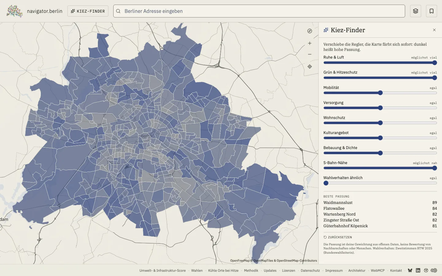 navigator.berlin Kiez Finder: panel with nine sliders next to the Berlin map, colouring all 542 planning areas by fit for quiet, green space and S-Bahn proximity